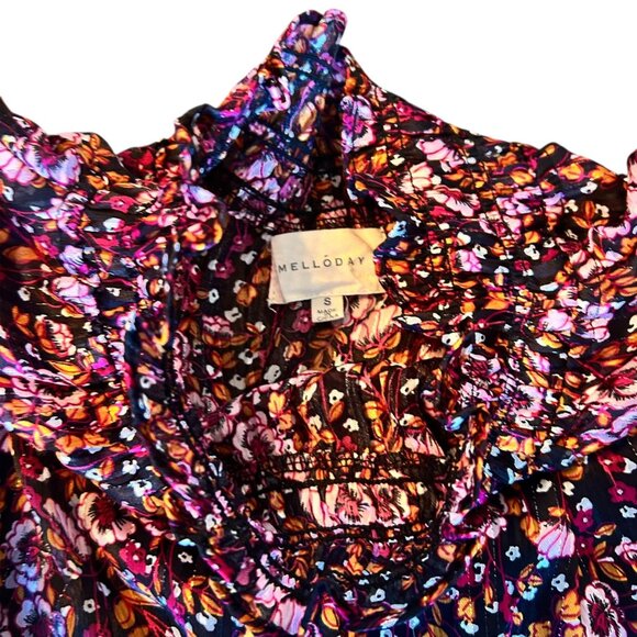 Melloday Floral Metallic Woven Feminine Romantic Flutter Sleeve Top S - Picture 4 of 7